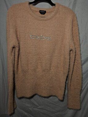 Bebe Fuzzy Eyelash Knit Rhinestone Logo Sweater - Blush Pink / Large